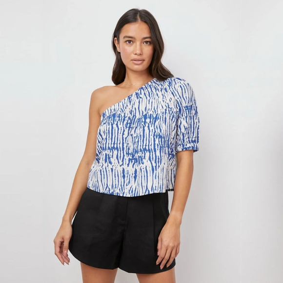 Rails Jayla One Shoulder Top In Cobalt Shibori Blue & White Sz L organic cotton - Picture 1 of 12